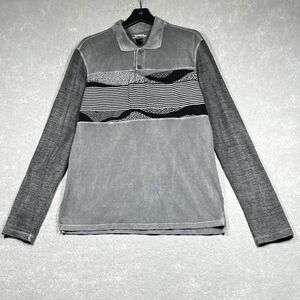 Desigual Shirt Mens Size Medium Gray Striped Long Sleeve Polo Shirt Cotton Blend